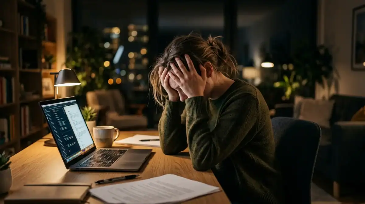 Femme frustrée devant son ordinateur cherchant comment choisir le meilleur VPN en 2026 pour sa sécurité.