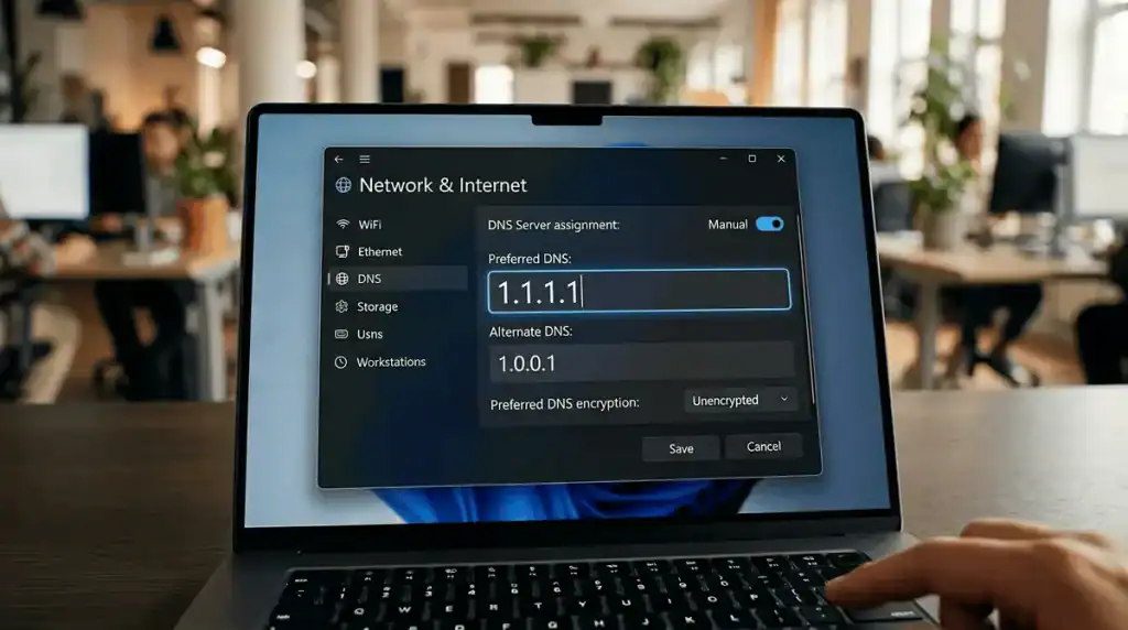 Gros plan sur la saisie des adresses DNS 1.1.1.1 sur un ordinateur moderne