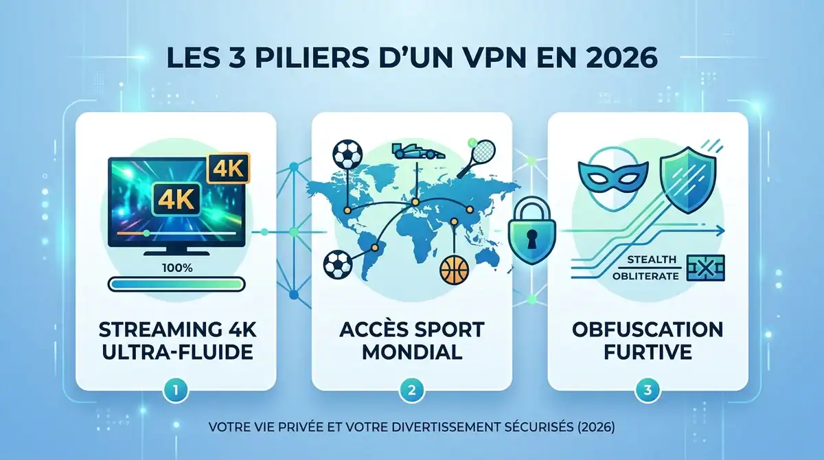 Infographie des 3 piliers d'un VPN en 2026 : streaming 4K, accès sport mondial et obfuscation furtive.