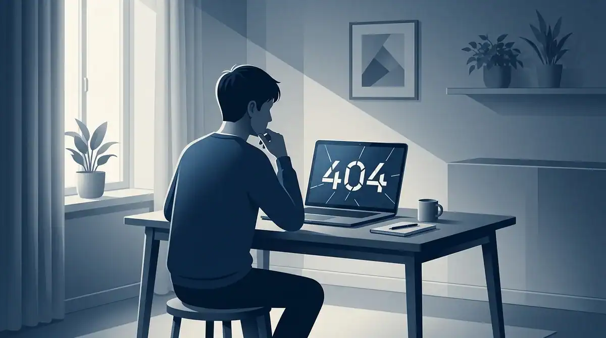 Illustration minimaliste d'un utilisateur face à une erreur 404 sur ordinateur, symbolisant les bugs du site Neko-Sama.