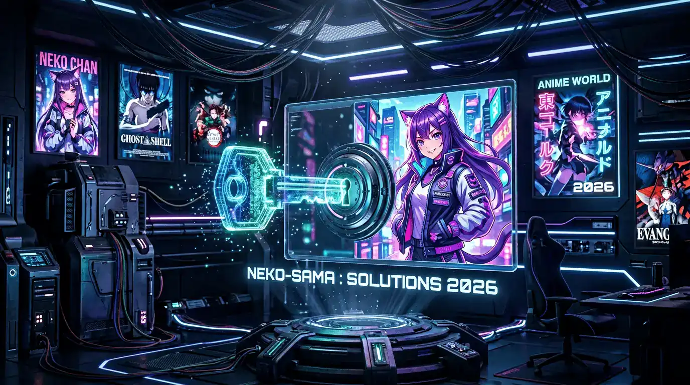 Illustration 3D montrant une clé numérique débloquant l'accès au site Neko-Sama en 2026.