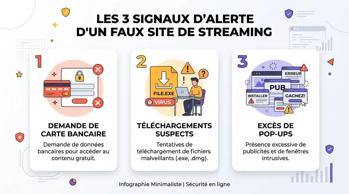 Infographie des 3 signaux d'alerte d'un faux site Neko-Sama : carte bancaire, téléchargements et pop-ups.