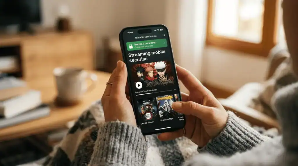Smartphone affichant une interface de streaming d'anime sécurisée sur Android et iOS.