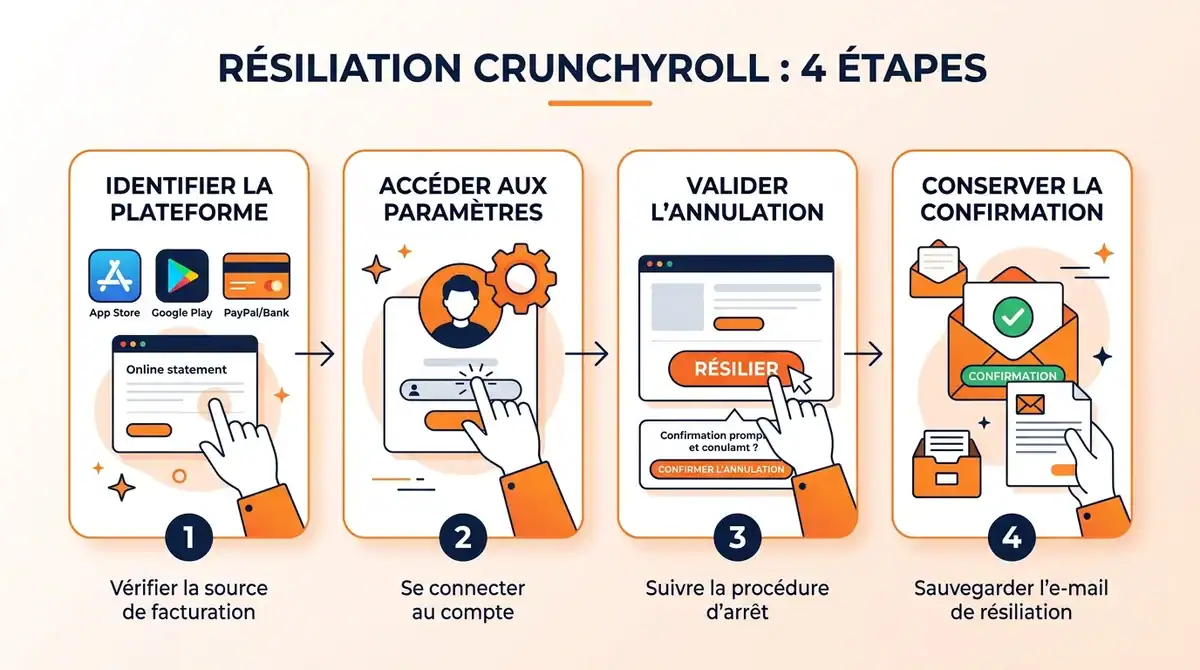 Infographie des 4 étapes pour résilier Crunchyroll : facturation, paramètres, annulation et email de confirmation.