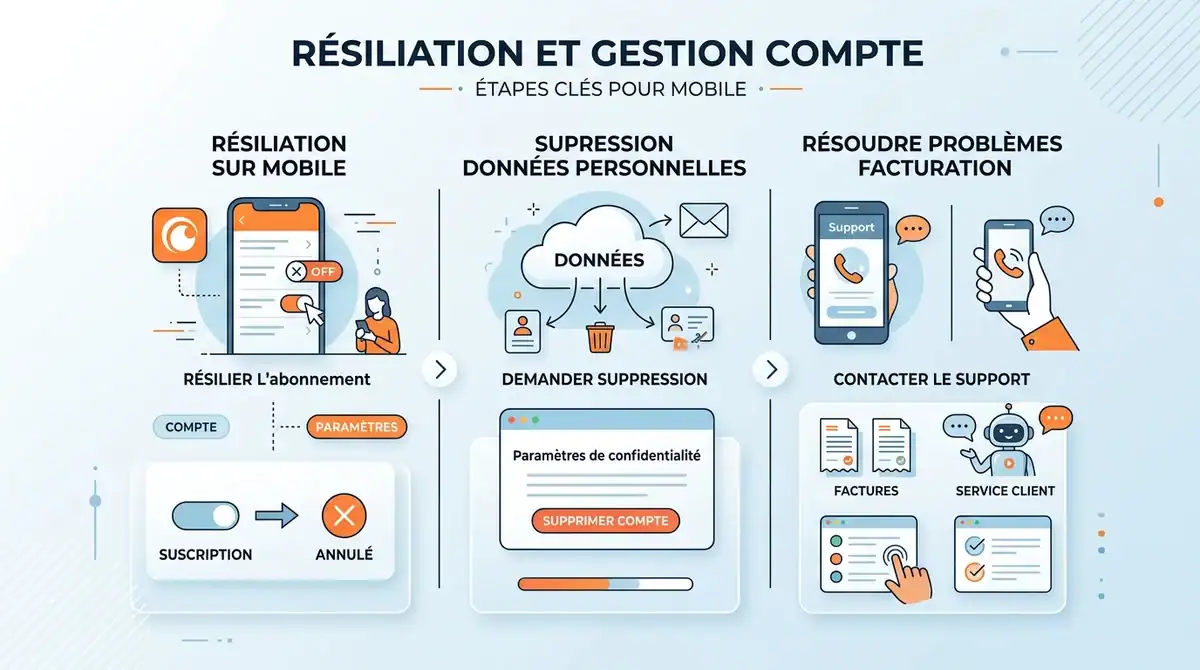 Infographie des étapes pour résilier Crunchyroll, supprimer ses données et résoudre la facturation sur mobile en 2026.
