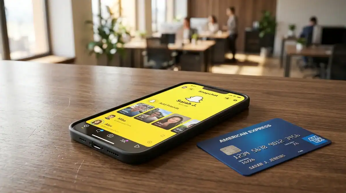 Smartphone avec l'application Snapchat et une carte bancaire sur un bureau pour illustrer le retrait de paiement.