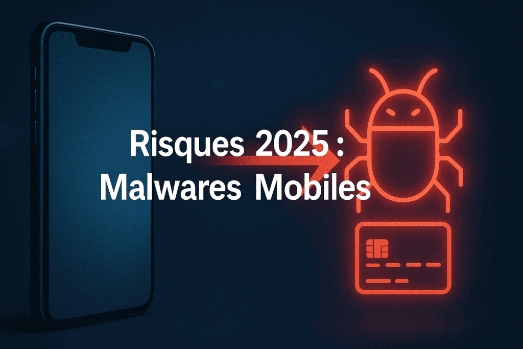 Illustration des risques de sécurité en 2025, montrant un malware mobile ciblant les données de carte bancaire.