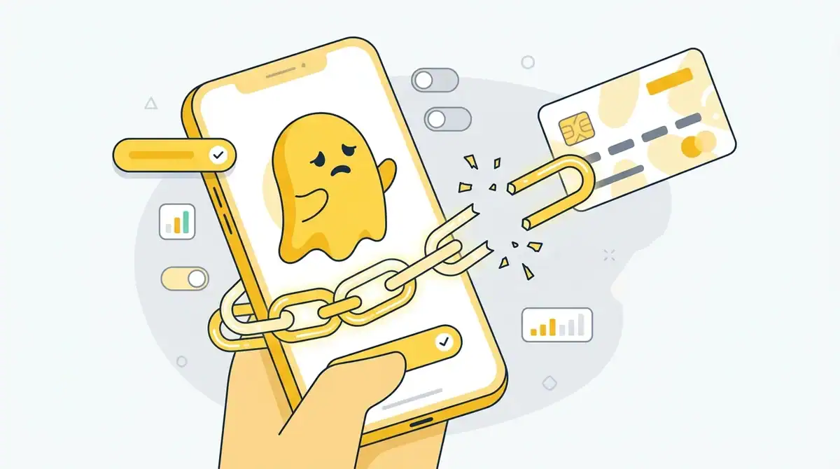 Illustration Snapchat montrant le retrait d'une carte bancaire sur smartphone pour annuler un abonnement.