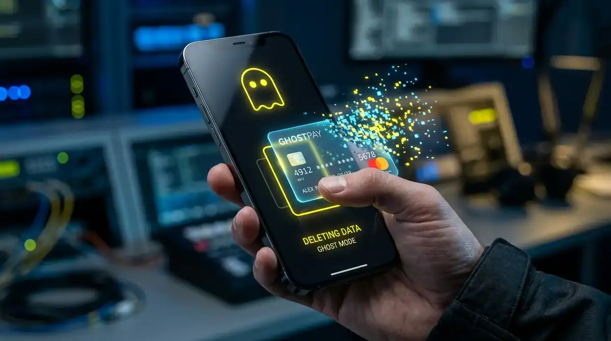 Smartphone affichant le logo Snapchat et une carte bancaire numérique qui s'efface pour illustrer le retrait de paiement.