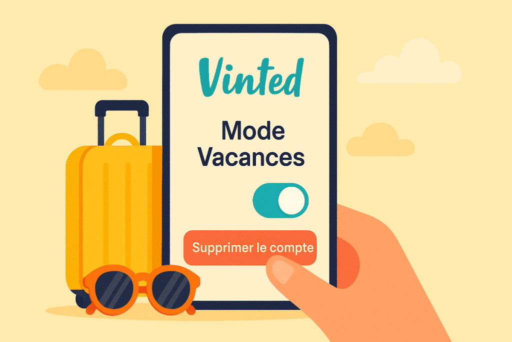 Illustration du mode vacances sur Vinted, avec un smartphone, une valise et des lunettes de soleil.