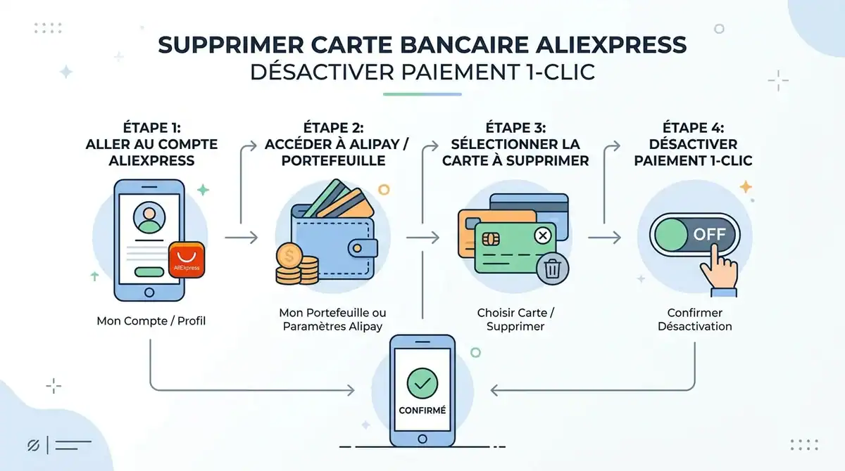 Infographie : étapes pour supprimer une carte bancaire AliExpress via Alipay et stopper le paiement en 1 clic.
