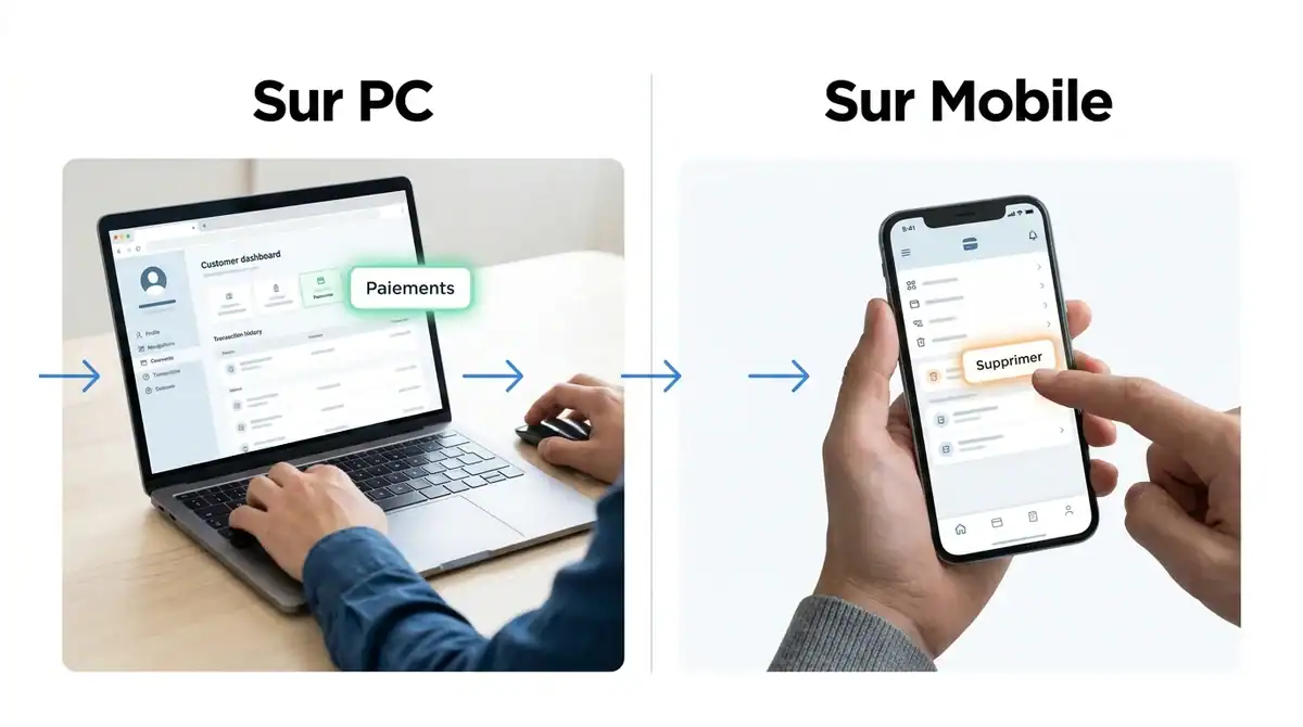 Infographie tutoriel : comment supprimer sa carte bancaire sur eBay depuis un PC ou un smartphone étape par étape.