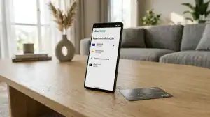 Smartphone affichant la gestion des paiements Uber Eats pour supprimer une carte bancaire sur une table en bois.