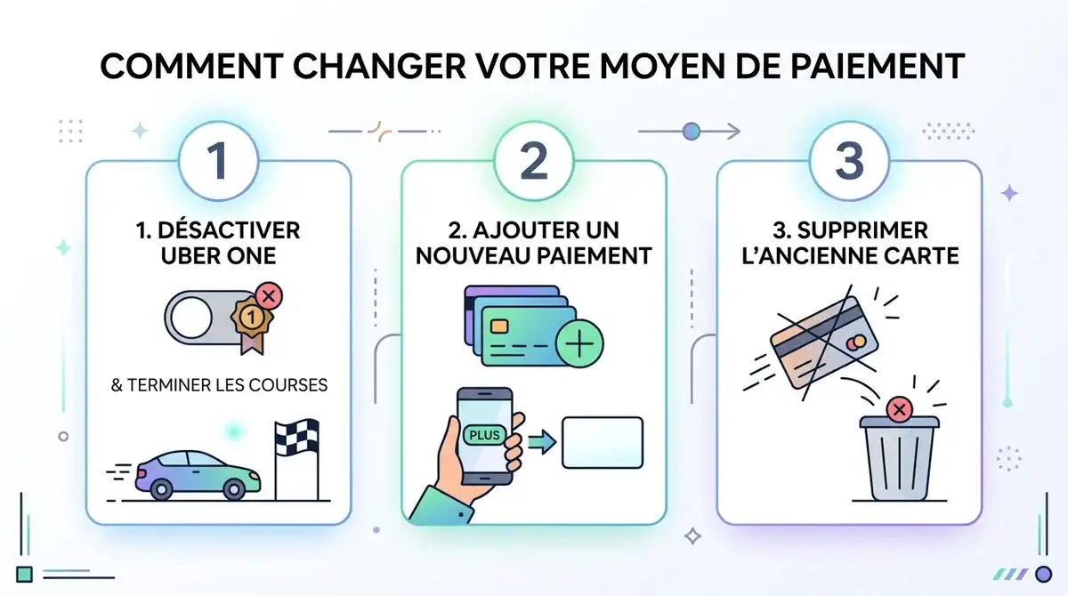 Infographie résumant les étapes pour supprimer une carte bancaire sur l'application Uber Eats et Uber.