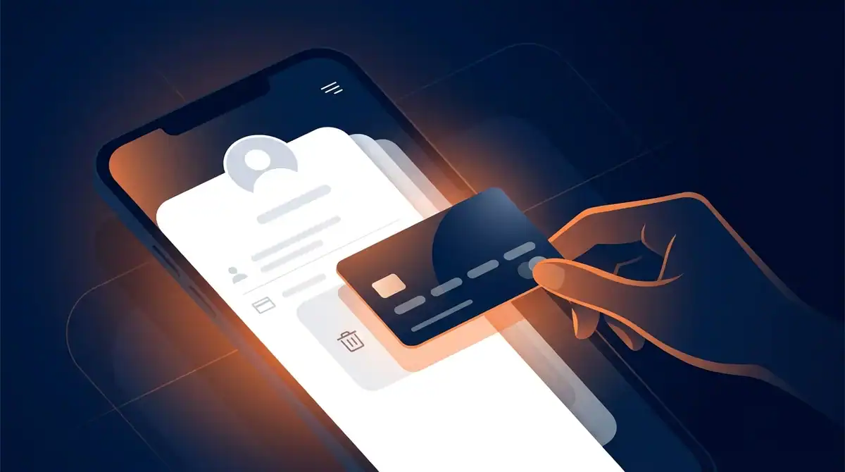 Illustration montrant une main supprimant une carte bancaire enregistrée dans les paramètres de paiement de l'application Zalando.