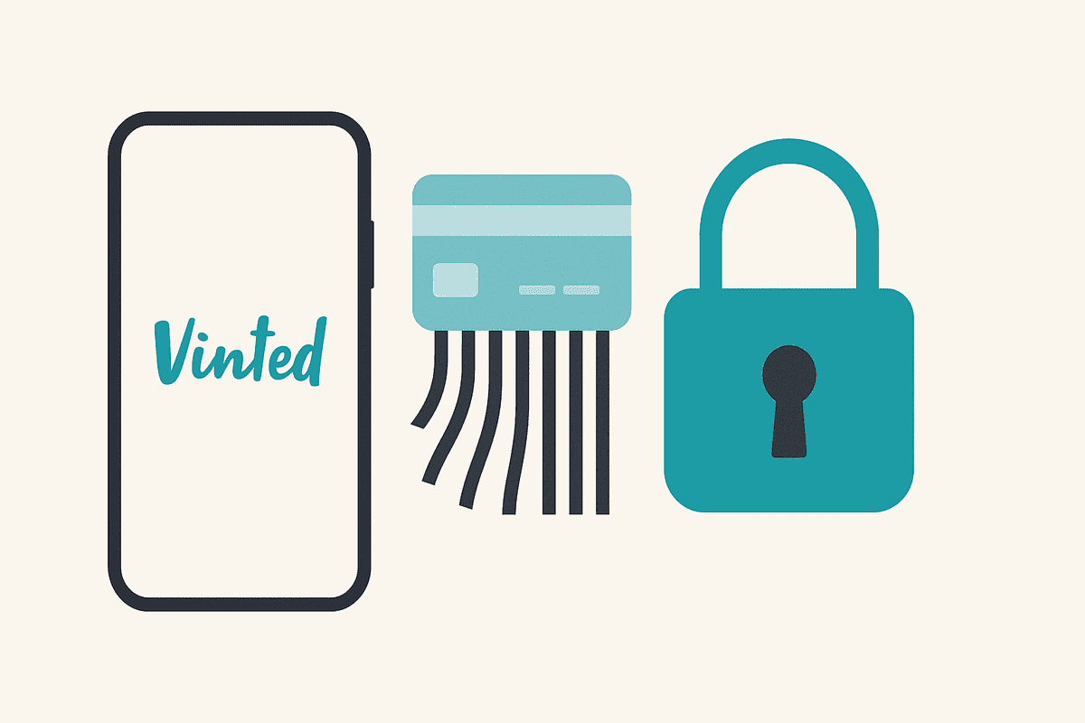 Illustration d'un smartphone avec le logo Vinted, une carte bancaire et un cadenas symbolisant la suppression sécurisée d'un compte.
