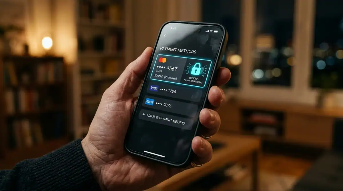 Gros plan d'un smartphone affichant le menu de paiement Spotify pour retirer une carte bancaire sécurisée.