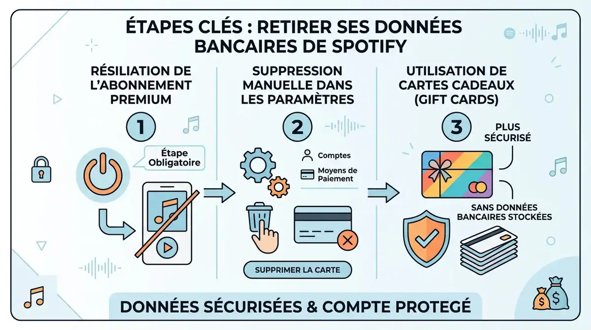 Infographie : étapes pour supprimer ses données bancaires Spotify, résilier Premium et utiliser des cartes cadeaux.