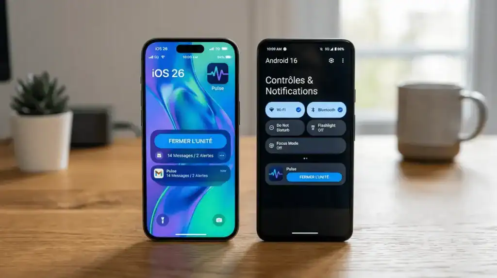 Comparaison de l'interface de l'application Pulse sur les systèmes iOS 26 et Android 16.