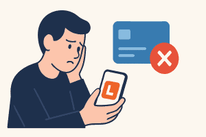 Illustration d'une personne confuse devant l'application Leboncoin à côté d'une icône de carte bancaire barrée, symbolisant la suppression.