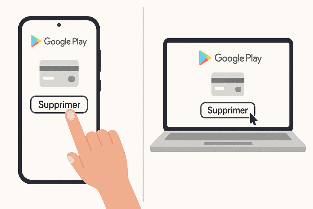 Infographie montrant les étapes pour supprimer une carte bancaire sur Google Play depuis un smartphone Android et un ordinateur.