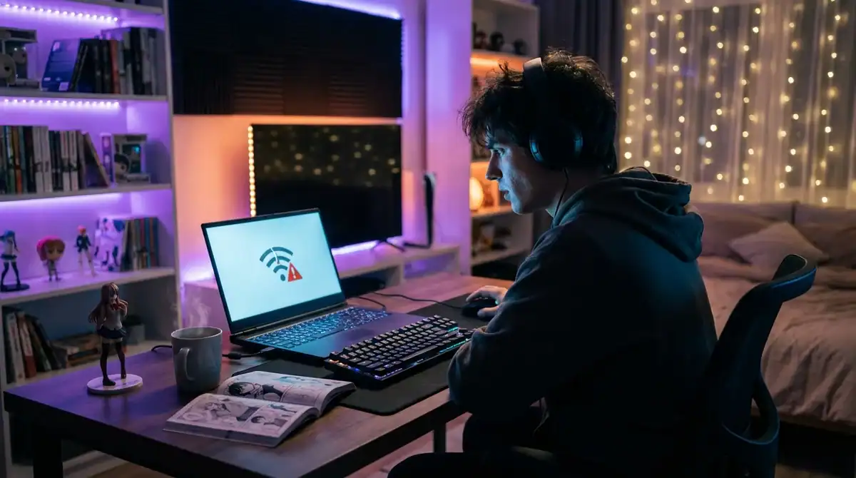 Jeune adulte devant un setup gaming, réparant les erreurs de lecture Anime Sama dans une chambre ambiance manga cosy.