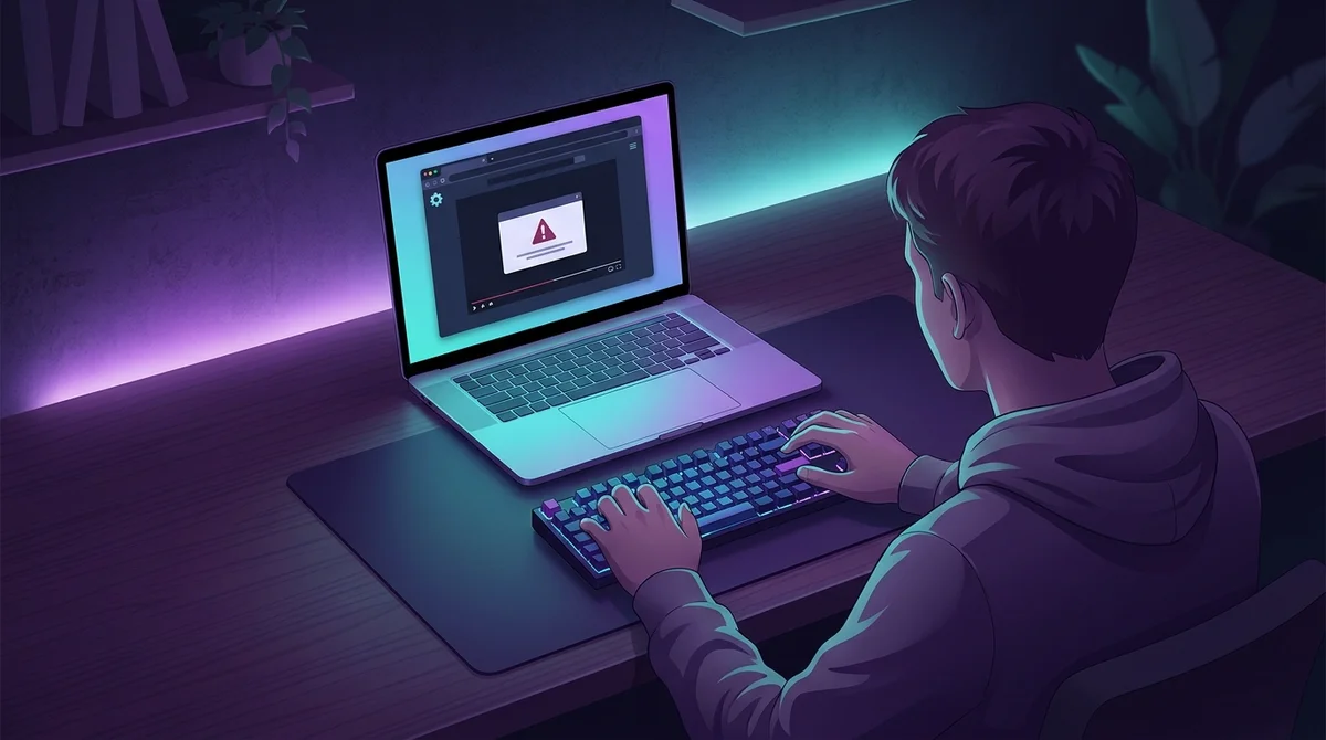 Jeune utilisateur face a un ordinateur dans une chambre gaming, resolvant des erreurs de lecture sur le site Anime Sama.