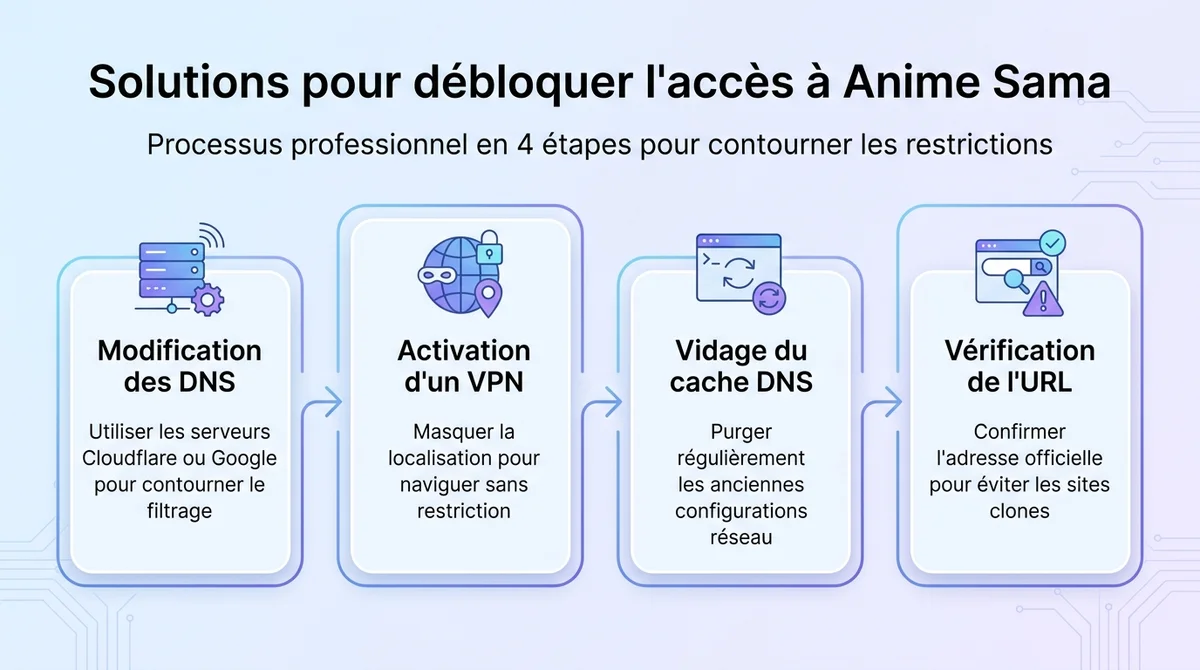 Infographie explicative pour résoudre les erreurs de lecture Anime Sama avec DNS, VPN et vidage de cache.