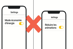 Infographie montrant les réglages 'Mode économie d'énergie' et 'Réduire les animations' activés, causes de panne du fond d'écran animé.