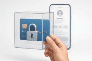 Illustration d'une main retirant une carte bancaire d'un écran d'ordinateur, symbolisant la suppression d'un moyen de paiement en ligne.