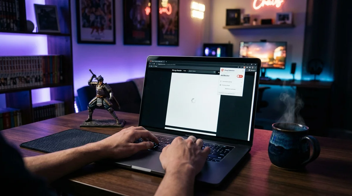 Setup gaming nocturne avec figurine manga et ordinateur portable pour lire des scans manga en 2026