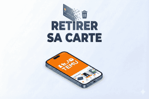 Illustration 3D d'un smartphone avec une carte bancaire en cours de suppression sur une application de shopping orange.