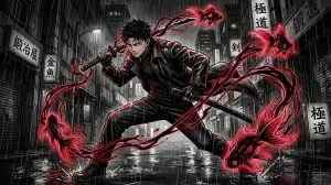 Chihiro Rokuhira de Kagurabachi avec katana noir et poissons rouges mystiques sous la pluie, style manga sombre.