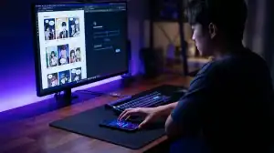 Jeune adulte travaillant sur Epsilon Scan dans un bureau technologique moderne et tamisé avec un setup informatique pro.