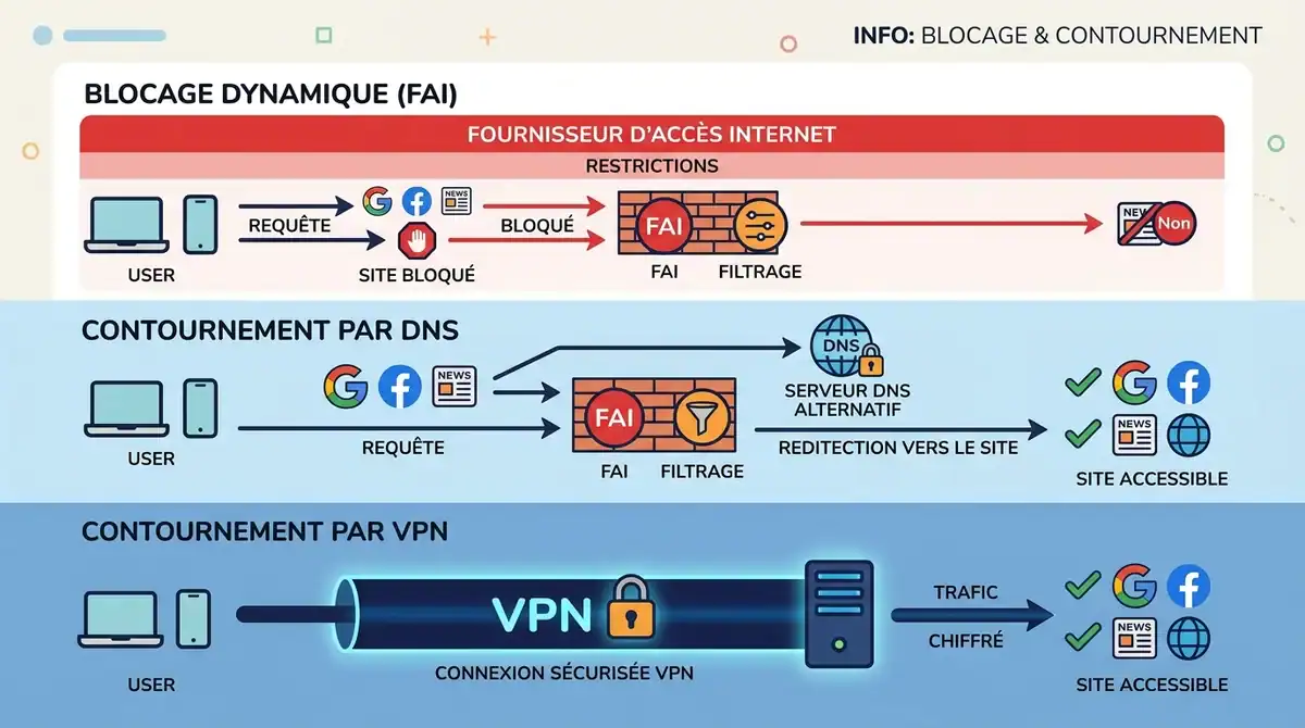 Infographie explicative du blocage FAI et contournement par VPN ou DNS pour Sodirm streaming.