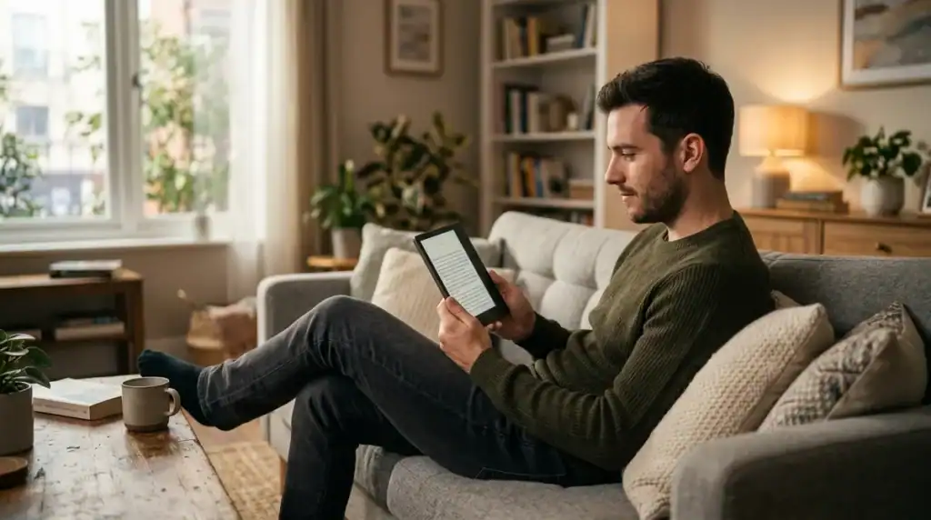 Jeune homme lisant sur une liseuse électronique, illustration pour l'accès à Bookys et alternatives légales en 2026.