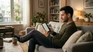 Jeune homme lisant sur une liseuse électronique, illustration pour l'accès à Bookys et alternatives légales en 2026.