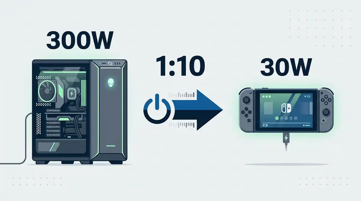 Comparaison infographique de la consommation électrique entre un PC gamer fixe 300W et une console portable 30W.
