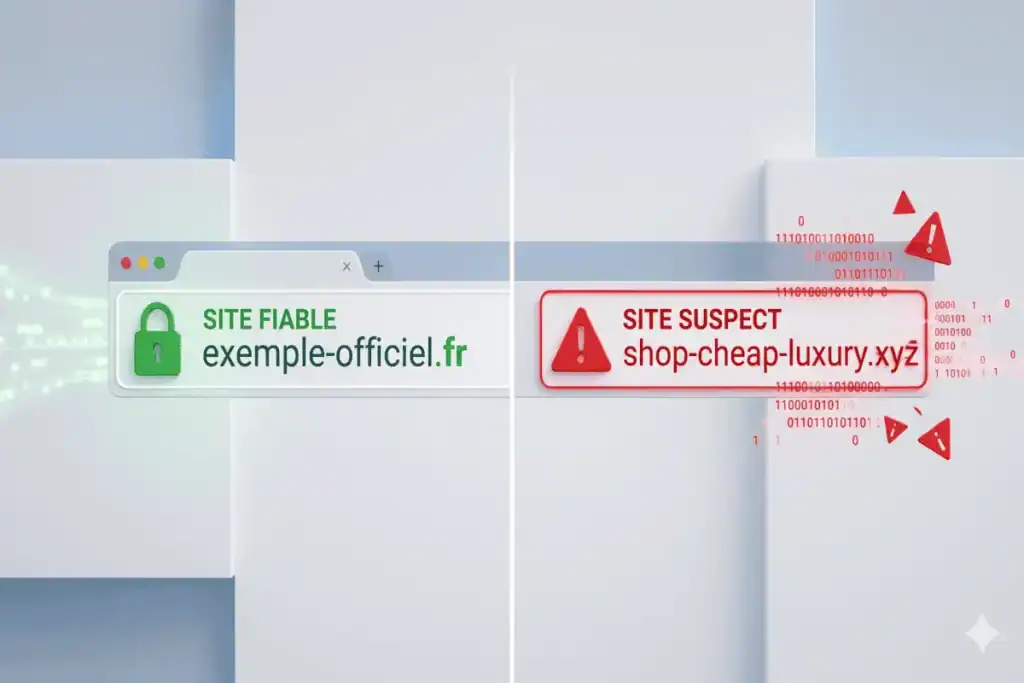 Comparaison visuelle entre l'URL d'un site sécurisé et celle d'un site marchand suspect.