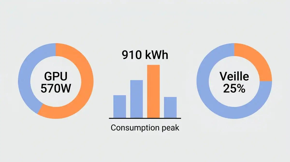 Infographie comparant la consommation électrique d'un PC gamer : GPU 570W, veille 25% et pic annuel de 910 kWh.