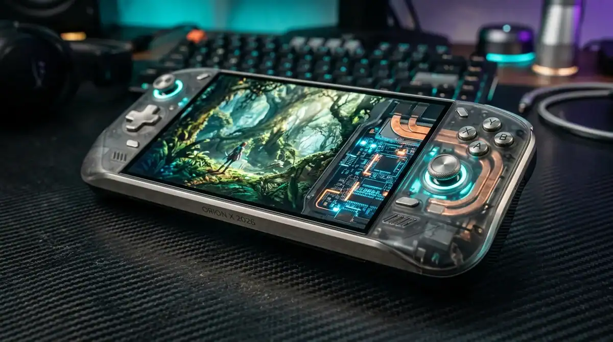 PC gamer portable 2026 pocketpcparadise : console futuriste efficiente avec circuits apparents et écran OLED.