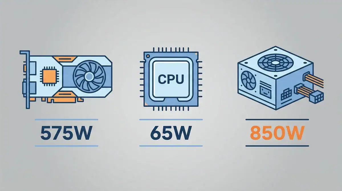 Infographie de la consommation électrique d'un PC gamer : GPU 575W, CPU 65W et alimentation 850W pour optimiser ses coûts.