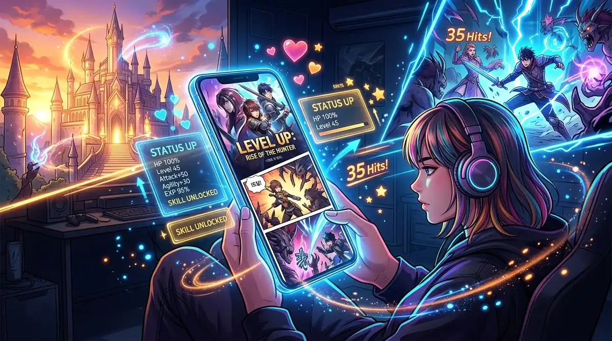 Smartphone affichant un manhwa CrunchyScan avec effets holographiques, lecture de scan VF futuriste en 2026.
