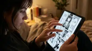 Lecture d'un manga en scan VF sur tablette via CrunchyScan, gros plan sur l'écran numérique haute résolution.