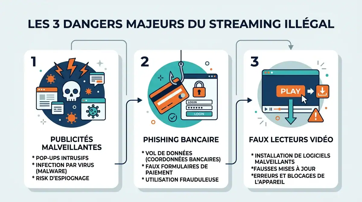Infographie des dangers du streaming Sodirm : pubs malveillantes, phishing bancaire et faux lecteurs vidéo.