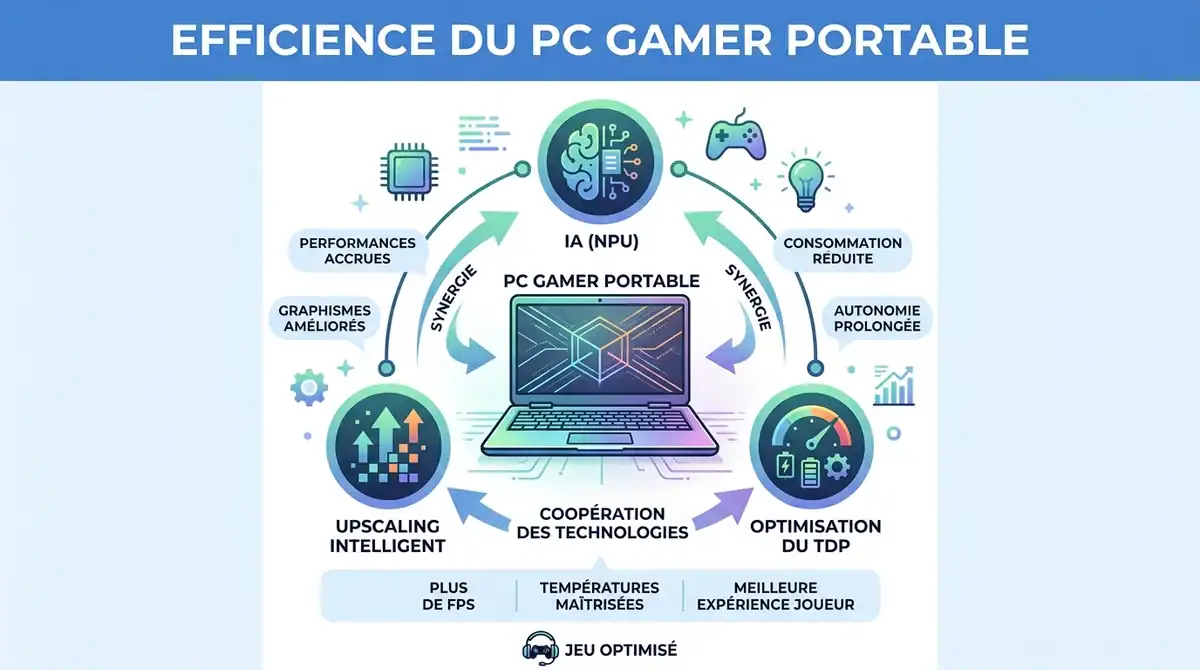 Infographie efficience PC gamer 2026 : synergie IA, upscaling et optimisation TDP pour PC portables.
