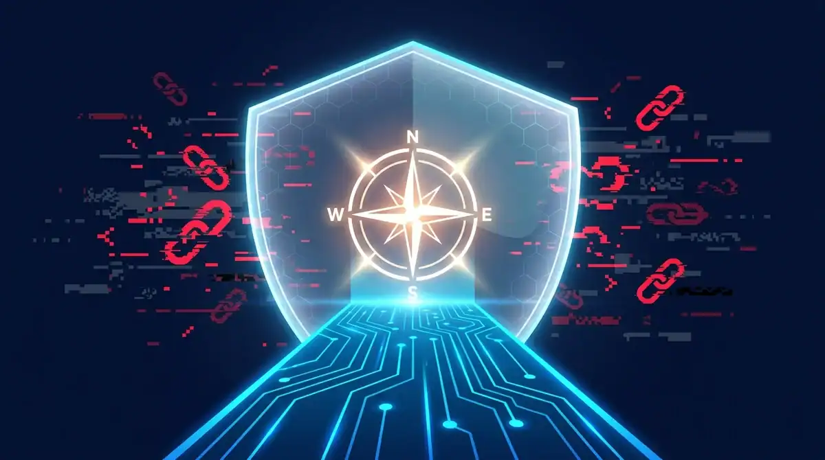 Illustration d'une boussole guidant vers l'accès officiel Epsilon Scan via un chemin numérique sécurisé.