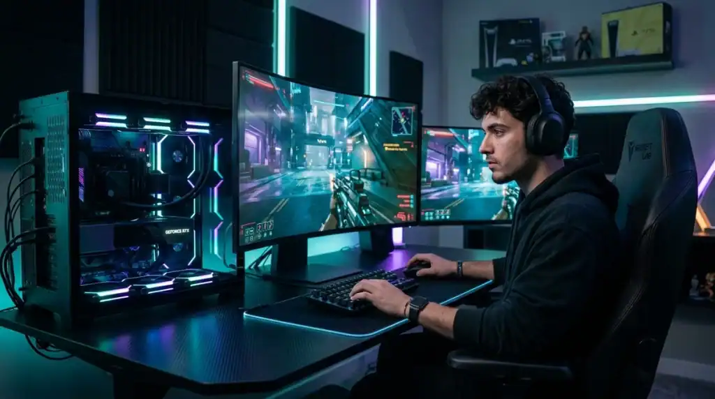 Gamer devant un setup PC haute efficience 2026 au design futuriste pour le guide pocketpcparadise.