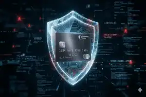 Bouclier numérique protégeant une carte bancaire contre les cyberattaques.