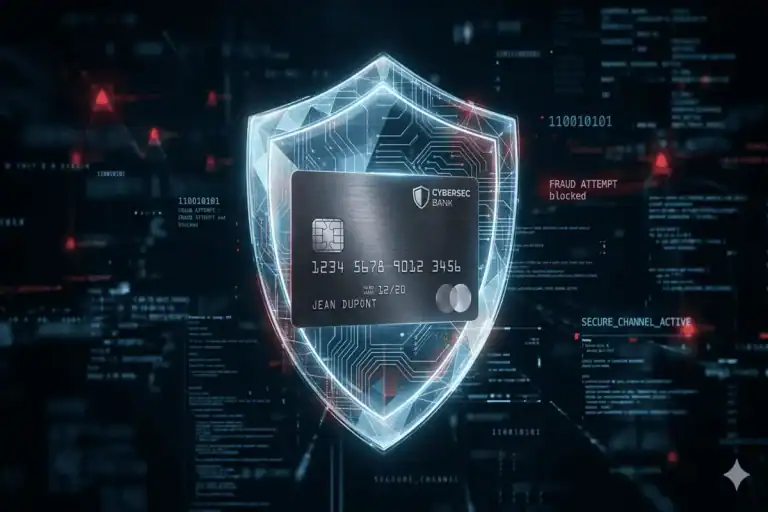 Bouclier numérique protégeant une carte bancaire contre les cyberattaques.